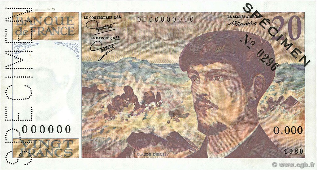 20 Francs DEBUSSY Spécimen FRANCIA  1980 F.66.01Spn1 q.AU