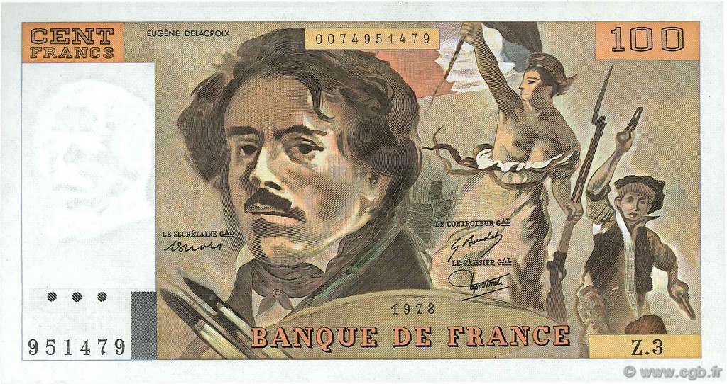 100 Francs DELACROIX FRANCE  1978 F.69.01b UNC-