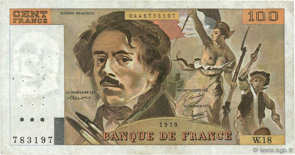 100 Francs DELACROIX modifié FRANCE  1979 F.69.02c TB+