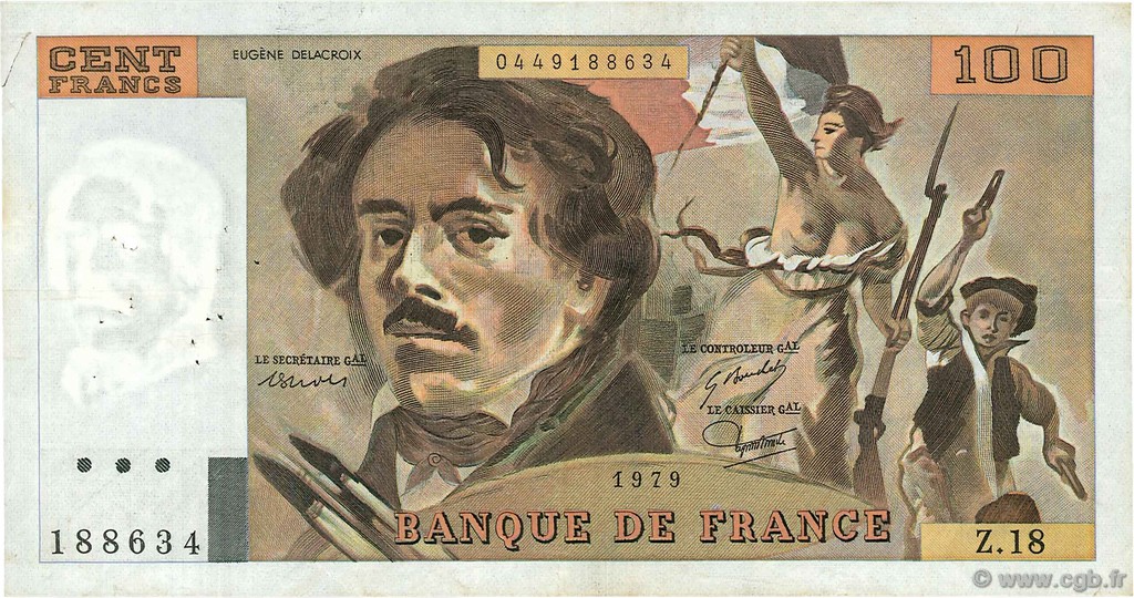 100 Francs DELACROIX modifié FRANCE  1979 F.69.02c VF