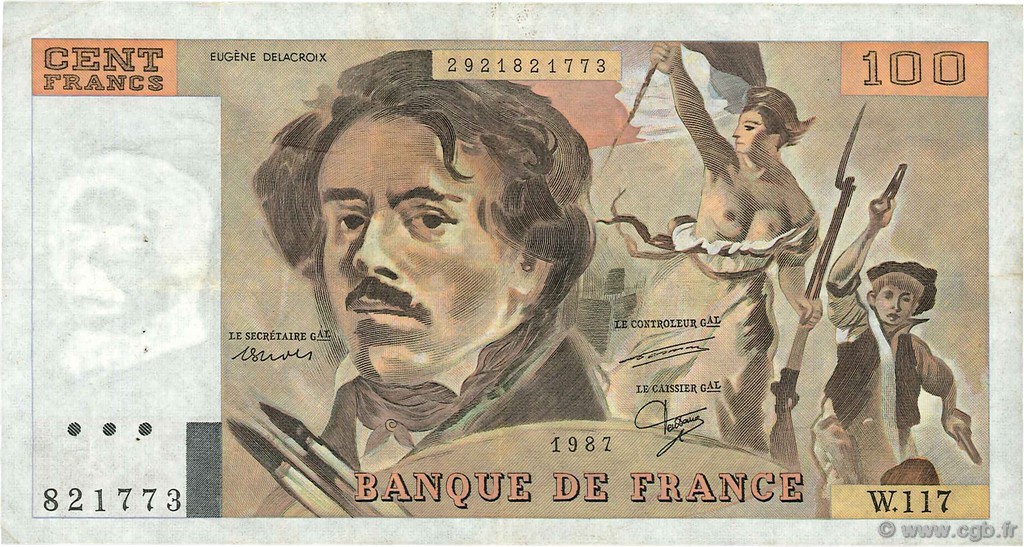 100 Francs DELACROIX modifié FRANCE  1987 F.69.11 VF