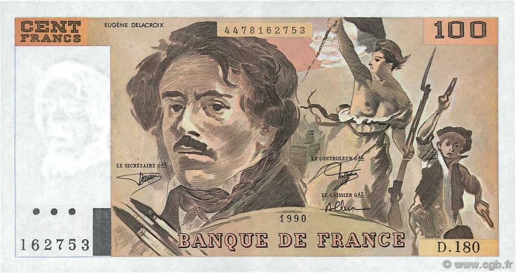 100 Francs DELACROIX imprimé en continu FRANCE  1990 F.69bis.02d AU-