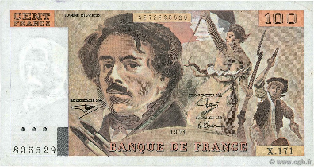 100 Francs DELACROIX imprimé en continu FRANKREICH  1991 F.69bis.03a2 fVZ