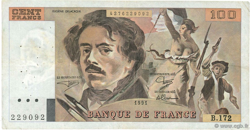 100 Francs DELACROIX imprimé en continu FRANCE  1991 F.69bis.03a4 F+