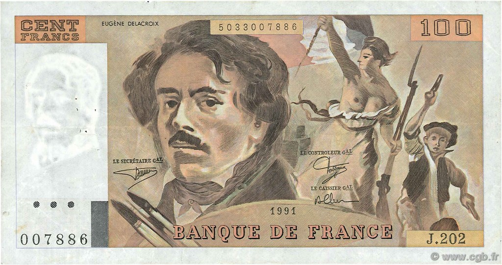 100 Francs DELACROIX imprimé en continu FRANCIA  1991 F.69bis.03c1 MBC