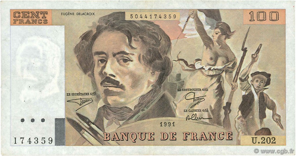 100 Francs DELACROIX imprimé en continu FRANCE  1991 F.69bis.03c1 VF