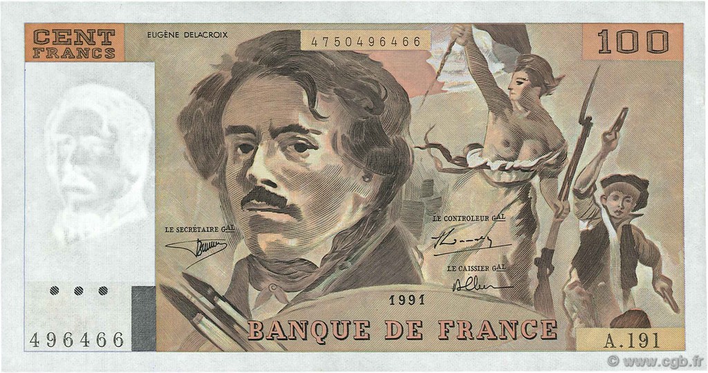 100 Francs DELACROIX imprimé en continu FRANKREICH  1991 F.69bis.04a fVZ