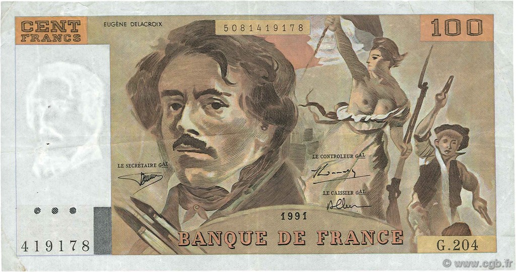 100 Francs DELACROIX imprimé en continu FRANCE  1991 F.69bis.04b VF