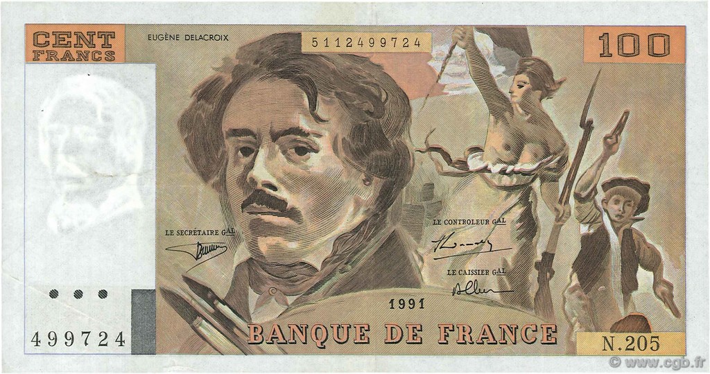 100 Francs DELACROIX imprimé en continu FRANCE  1991 F.69bis.04c VF