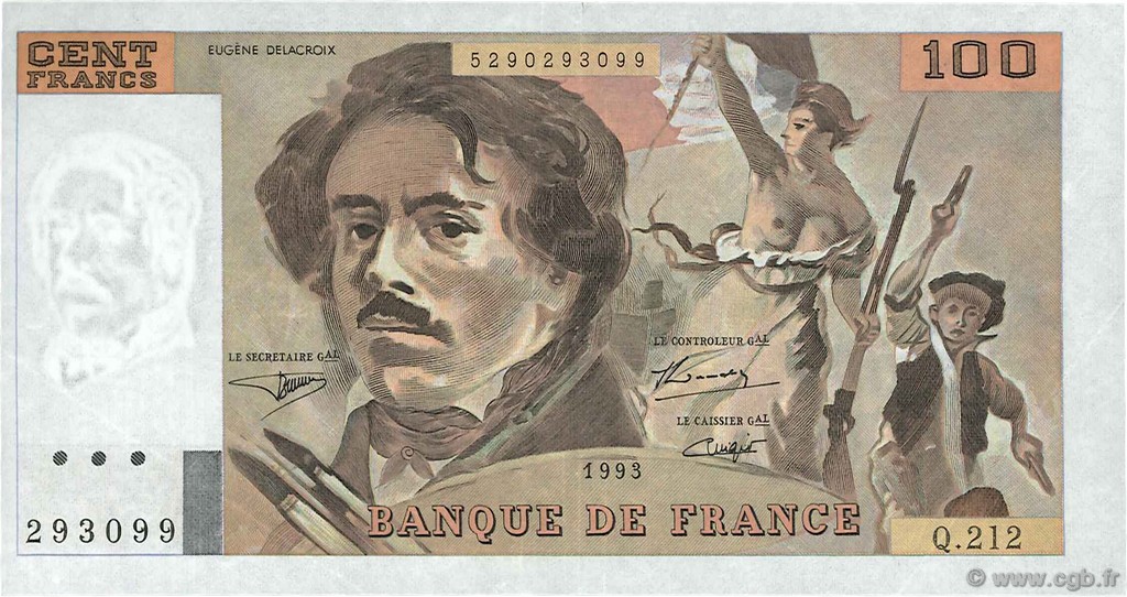 100 Francs DELACROIX imprimé en continu Fauté FRANCIA  1993 F.69bis.05 q.SPL