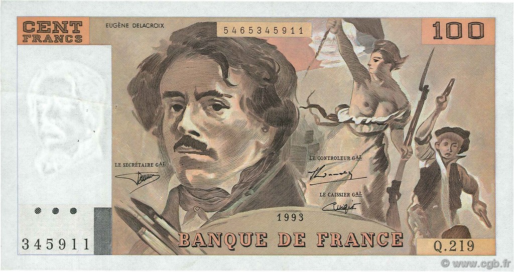 100 Francs DELACROIX imprimé en continu FRANCE  1993 F.69bis.07 VF+