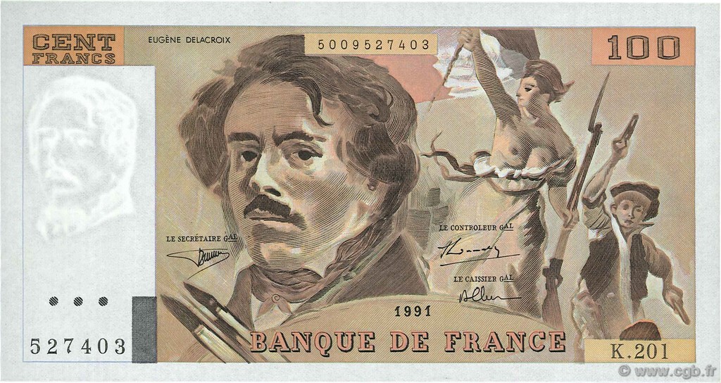 100 Francs DELACROIX  UNIFACE FRANCE  1991 F.69bisU.04 AU