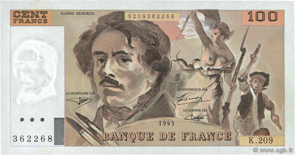 100 Francs DELACROIX  UNIFACE FRANCIA  1995 F.69bisU.05 SC+