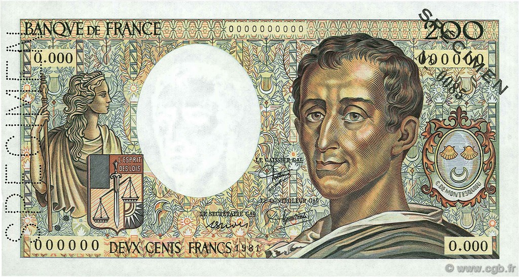 200 Francs MONTESQUIEU FRANCE  1981 F.70.01Spn UNC-
