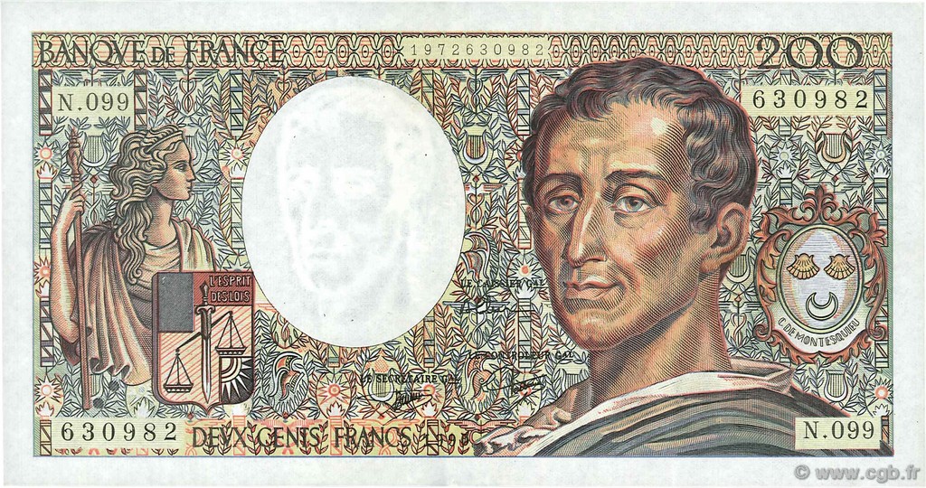 200 Francs MONTESQUIEU FRANCE  1990 F.70.10b pr.SPL