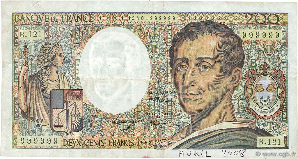 200 Francs MONTESQUIEU FRANCE  1992 F.70.12b F+