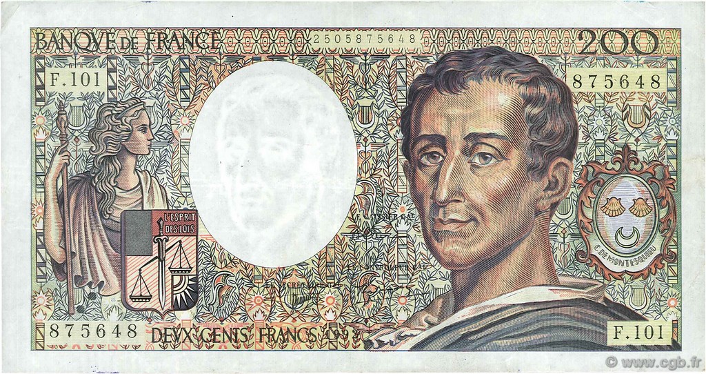 200 Francs MONTESQUIEU alphabet 101 FRANCIA  1992 F.70bis.01 MBC
