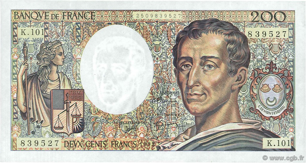 200 Francs MONTESQUIEU alphabet 101 FRANCE  1992 F.70bis.01 XF-