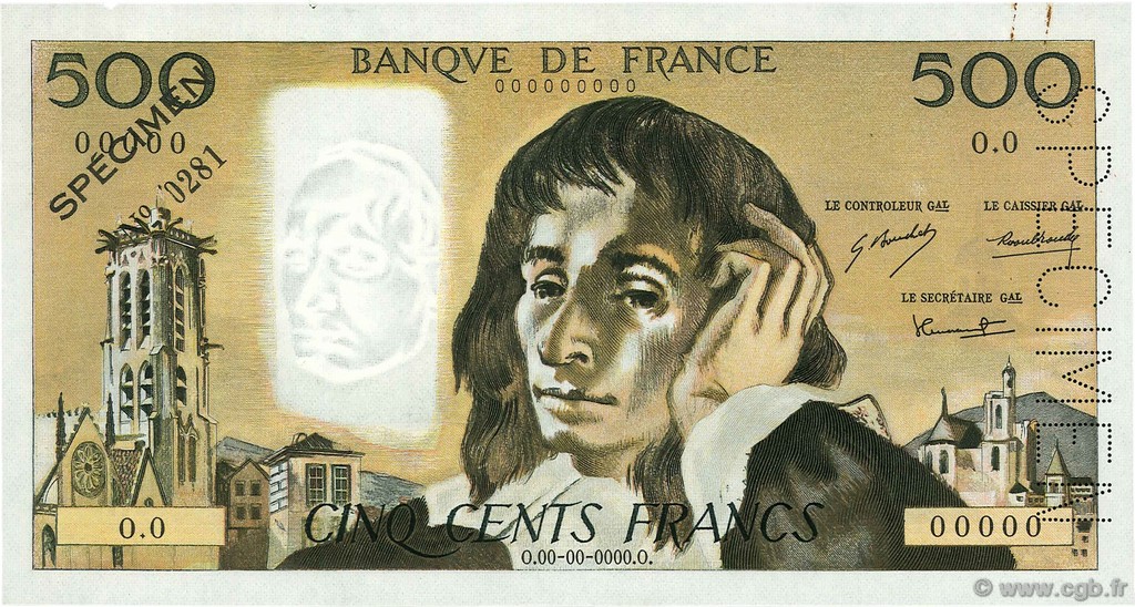 500 Francs PASCAL FRANKREICH  1968 F.71.01Spn fVZ