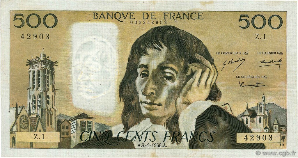 500 Francs PASCAL FRANKREICH  1968 F.71.01 fSS