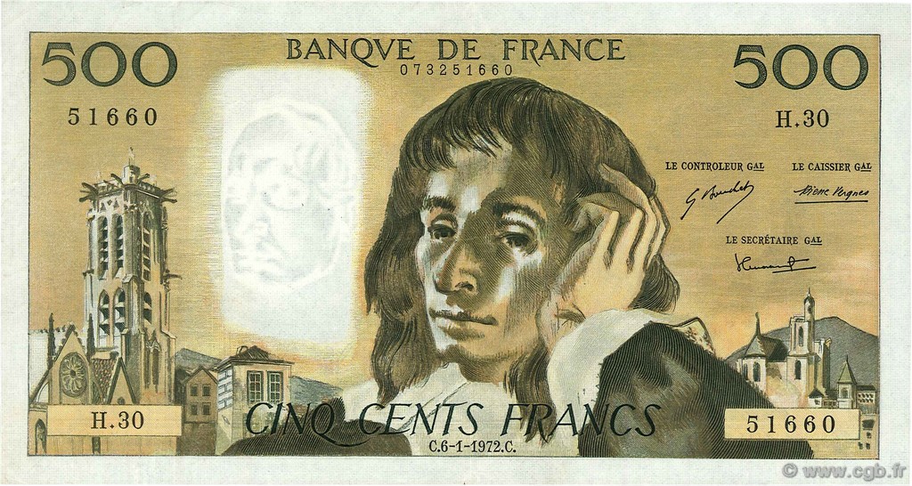 500 Francs PASCAL FRANKREICH  1972 F.71.08 fVZ