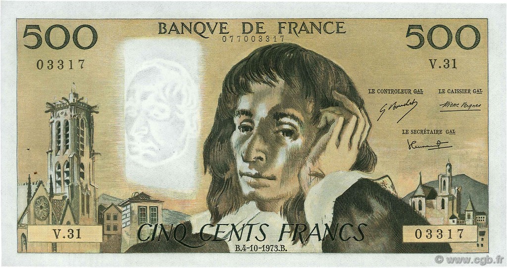 500 Francs PASCAL FRANCE  1973 F.71.09 AU-