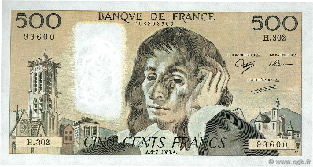 500 Francs PASCAL FRANKREICH  1989 F.71.42 fST