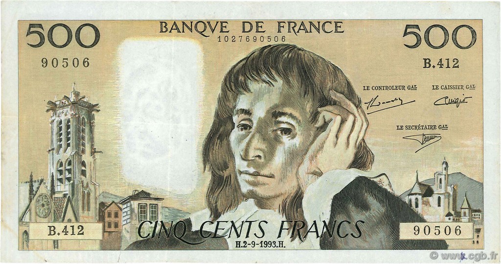 500 Francs PASCAL FRANCE  1993 F.71.52-412 F+