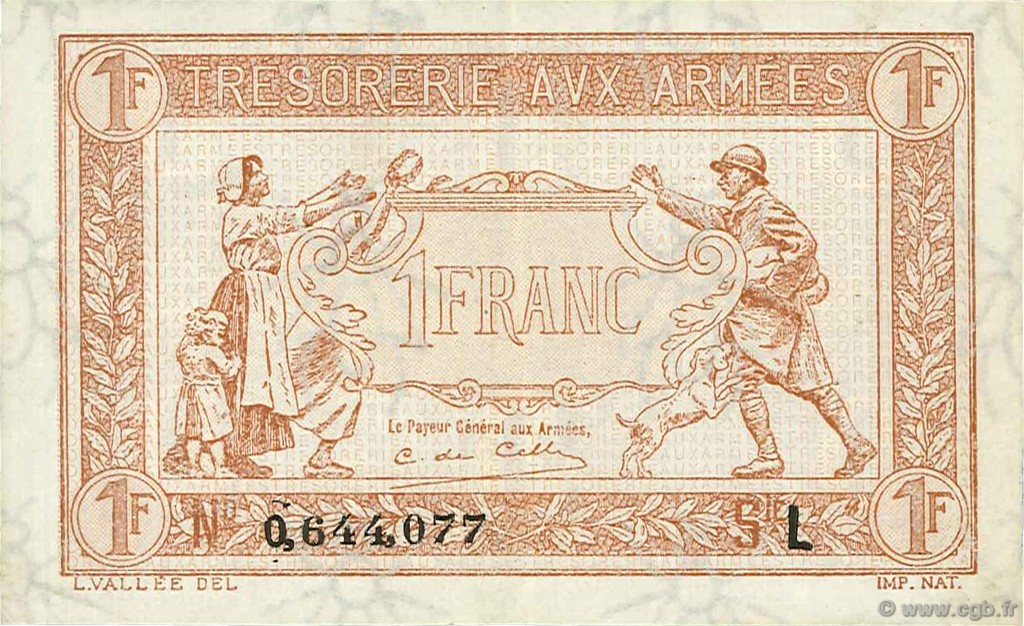 1 Franc TRÉSORERIE AUX ARMÉES 1917 FRANCIA  1917 VF.03.12 EBC