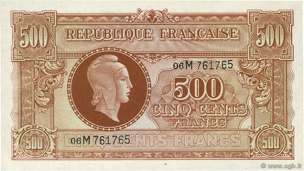500 Francs MARIANNE fabrication anglaise FRANCIA  1945 VF.11.02 SPL