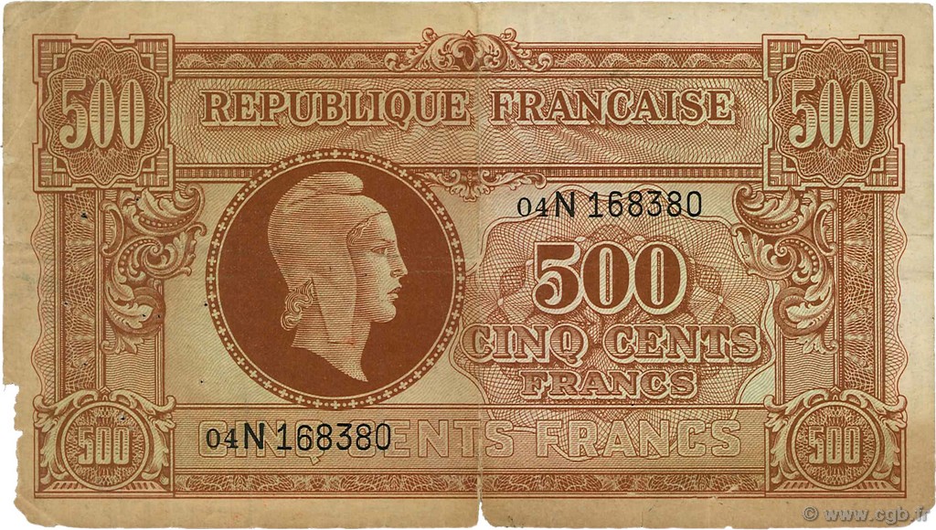 500 Francs MARIANNE FRANKREICH  1945 VF.11.03 SGE