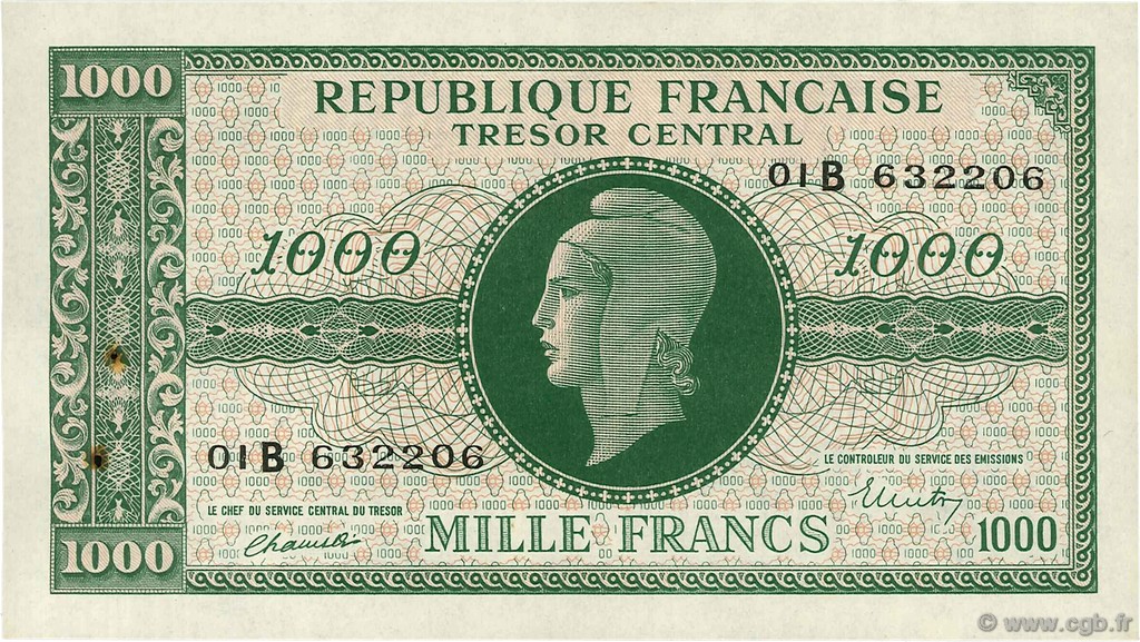 1000 Francs MARIANNE FRANKREICH  1945 VF.12.02 VZ+