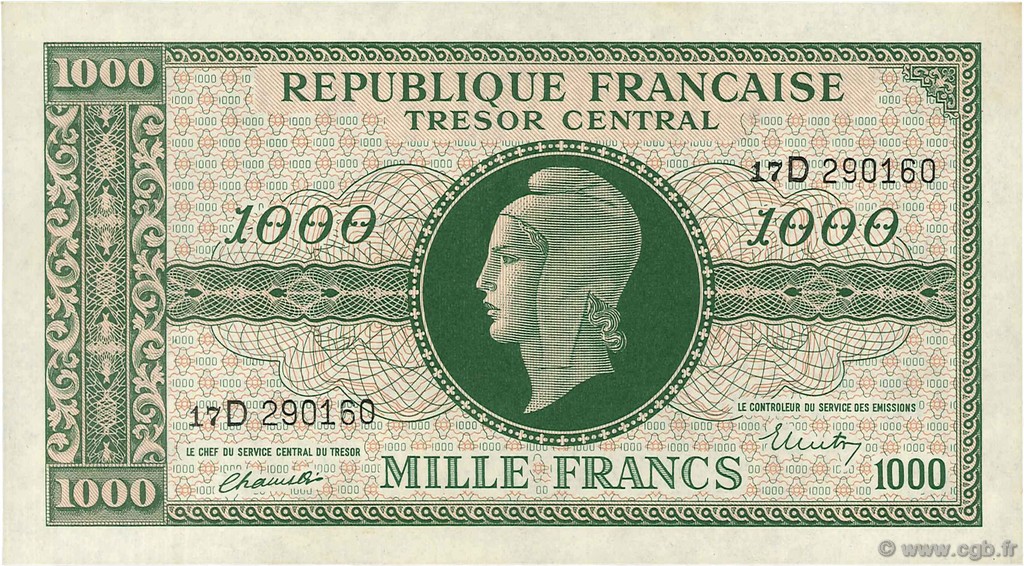 1000 Francs MARIANNE FRANKREICH  1945 VF.13.01 fST+