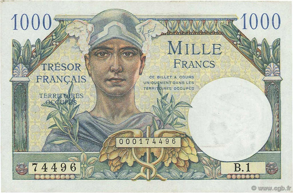 1000 Francs TRÉSOR FRANÇAIS FRANKREICH  1947 VF.33.01 VZ+ to fST