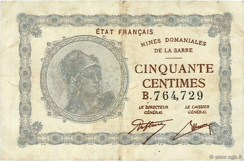 50 Centimes MINES DOMANIALES DE LA SARRE FRANCE  1920 VF.50.02 VF-