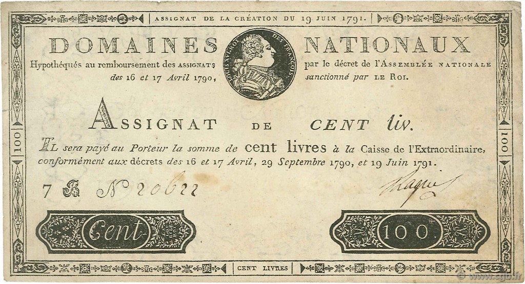 100 Livres FRANCIA  1791 Ass.15a BB