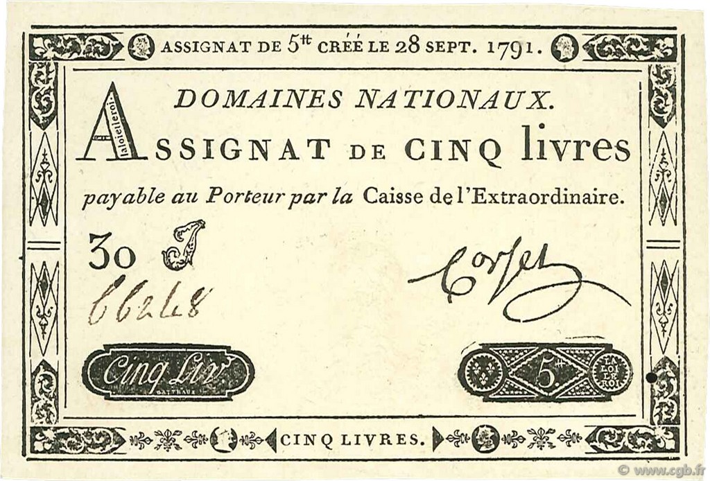 5 Livres FRANCIA  1791 Ass.19a FDC