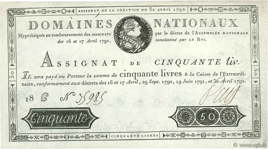 50 Livres FRANCE  1792 Ass.28a XF