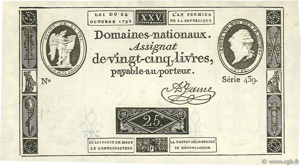 25 Livres FRANCE  1792 Ass.37a UNC