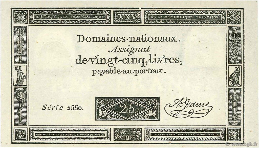 25 Livres FRANCE  1793 Ass.43a NEUF