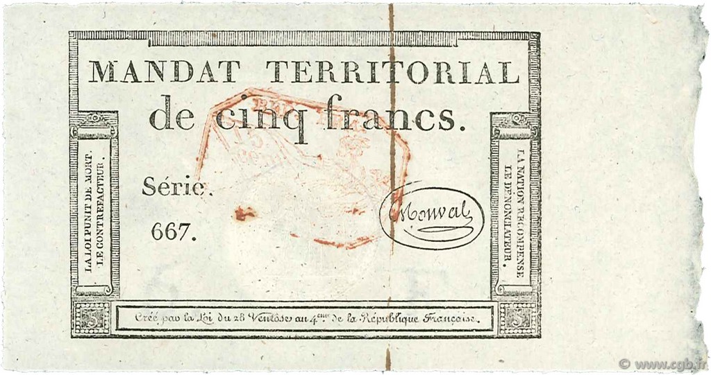5 Francs Monval cachet rouge FRANCE  1796 Ass.63c NEUF