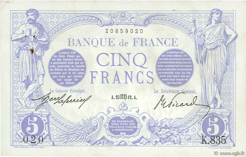 5 Francs BLEU FRANCIA  1912 F.02.08 q.SPL