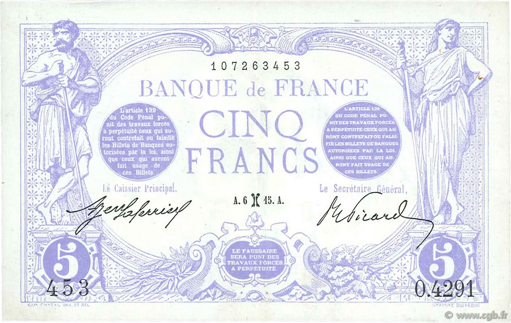 5 Francs BLEU FRANKREICH  1915 F.02.24 VZ+