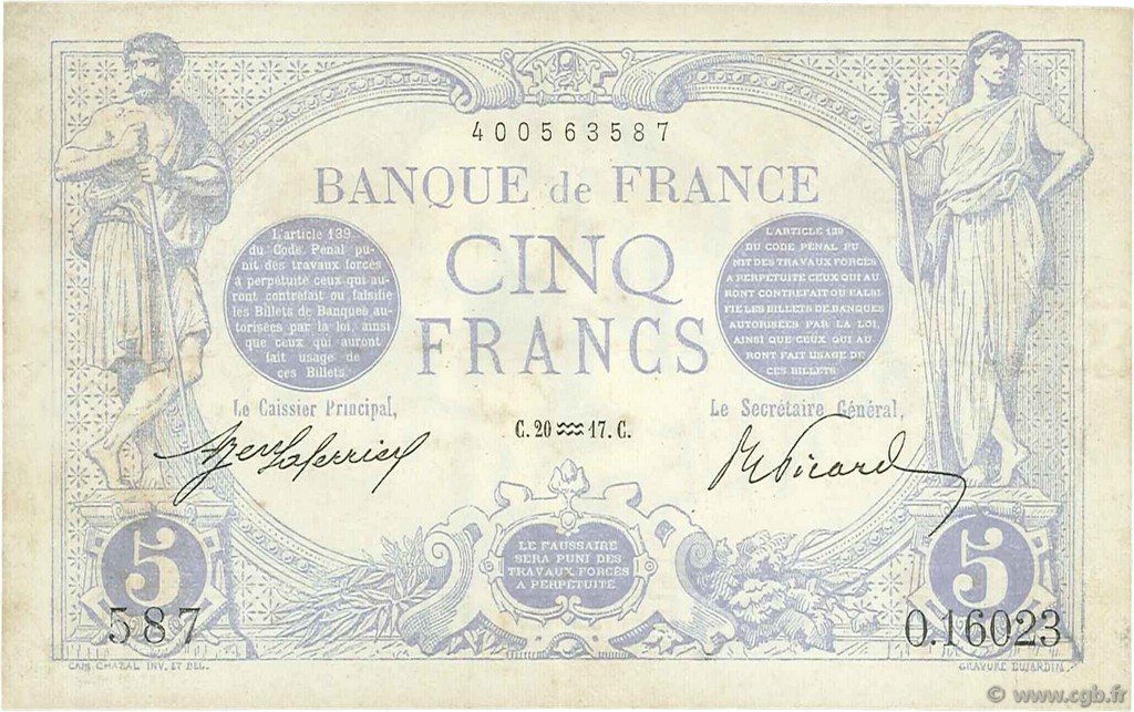 5 Francs BLEU FRANKREICH  1917 F.02.47 SS