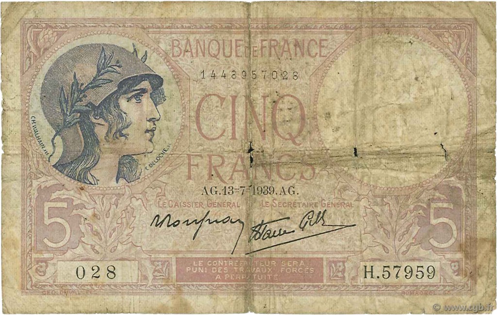 5 Francs FEMME CASQUÉE modifié FRANKREICH  1939 F.04.01 SGE
