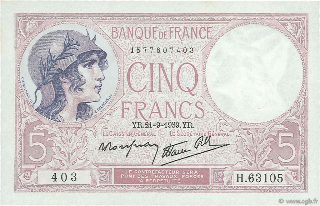 5 Francs FEMME CASQUÉE modifié FRANCE  1939 F.04.09 AU