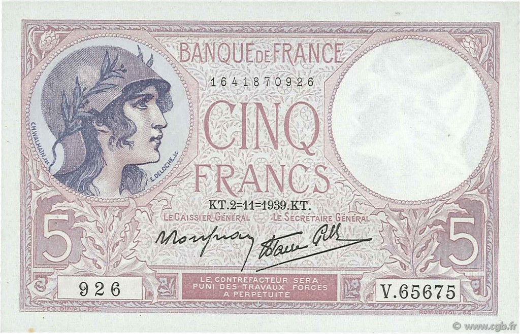 5 Francs FEMME CASQUÉE modifié FRANKREICH  1939 F.04.14 fST+