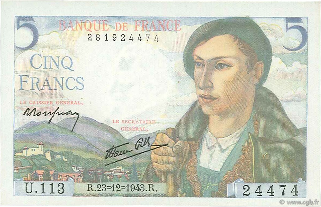 5 Francs BERGER FRANKREICH  1943 F.05.05 ST
