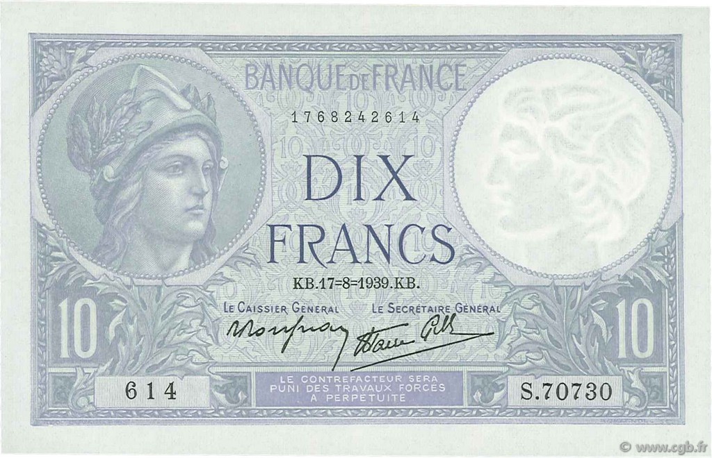 10 Francs MINERVE modifié FRANCE  1939 F.07.05 UNC