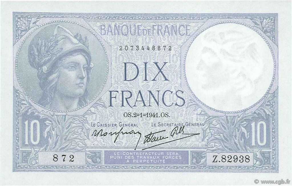 10 Francs MINERVE modifié FRANKREICH  1941 F.07.26 ST